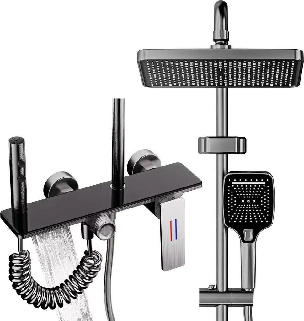 Duschsystem für Badewanne - Regendusche mit Wannenarmatur - Handbrause und Hygienedusche - Messing - Höhenverstellbar - Schwarz