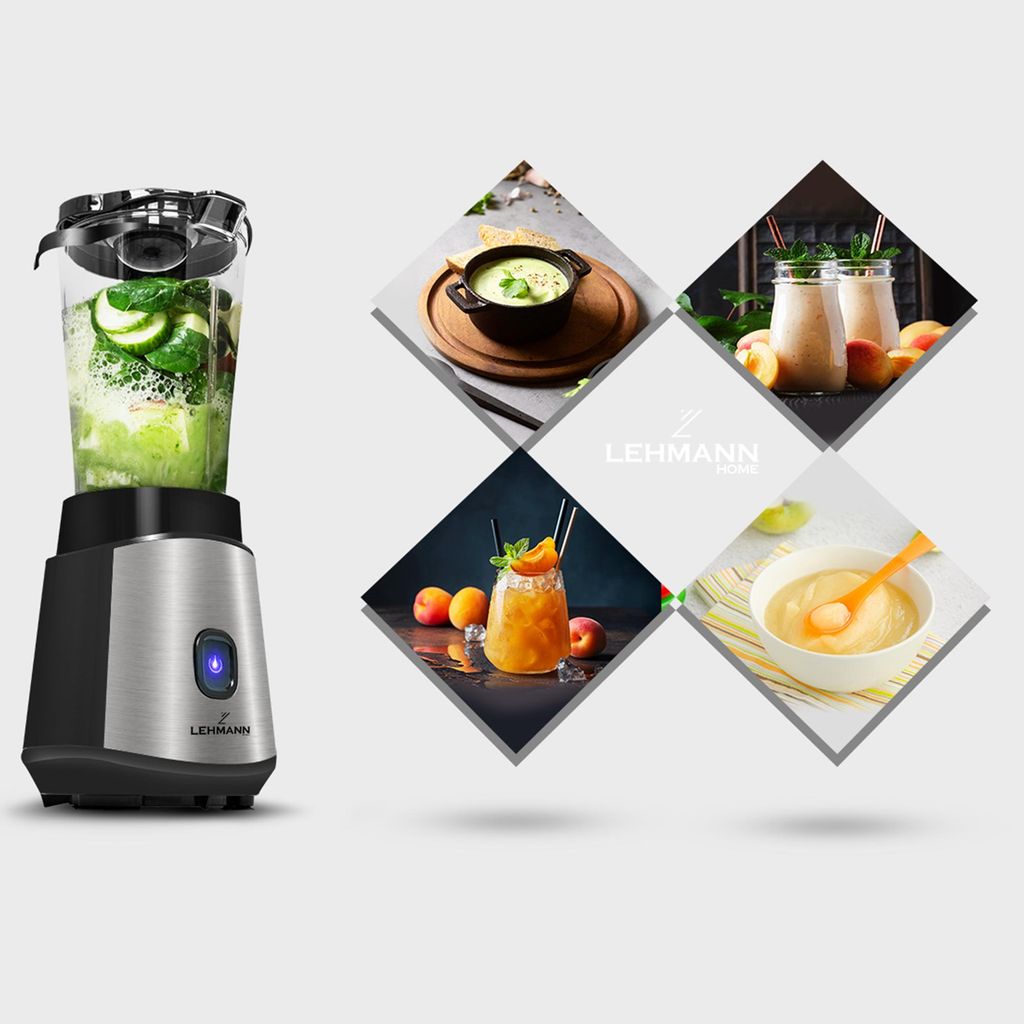 LEHMANN Blender Smoothie 1200W - Mini Mixeur 1L Avec 2 Bouteilles Portables 570ml & 400ml BPA Free, 4 Lames