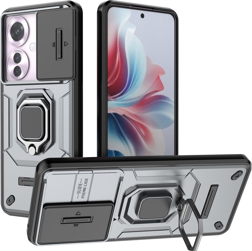 Hülle für Oppo Reno11 F Dual Layer Handyhülle Schiebe Kamera Schutz und Ringhalter Ständer Grau
