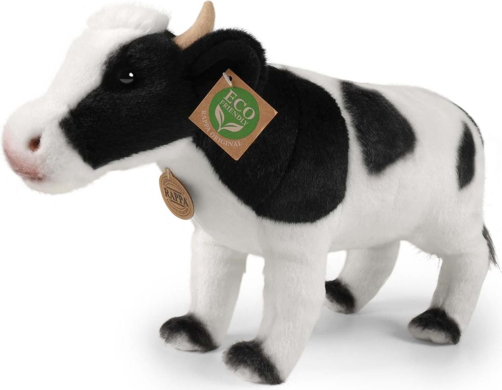 A plush toy cow with black and white markings, standing on a white background.