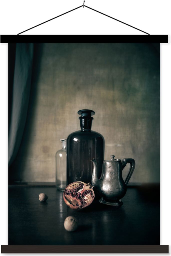MuchoWow Textilposter Stilleben - Flasche - Obst 120x160 cm mit schwarzem Rahmen - Magnetischer