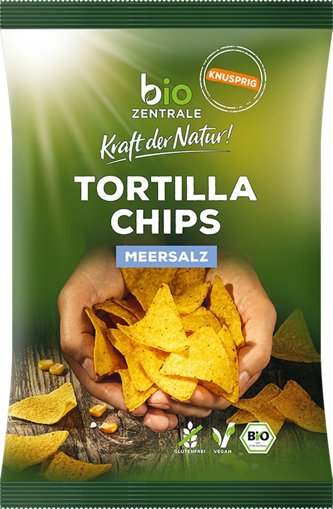Organiczne chipsy Tortilla Chips z solą morską, chrupiące, Zdjęcie produktu 