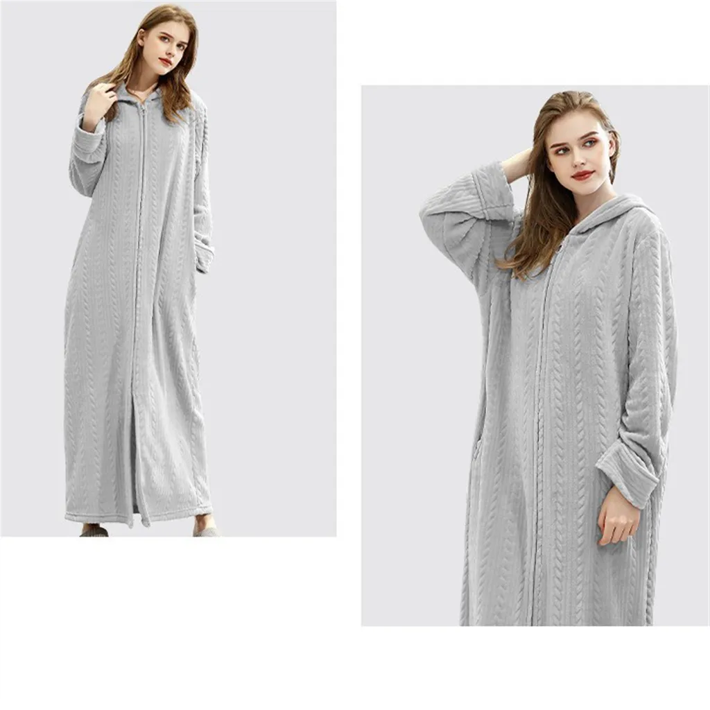 Vestaglia lunga da donna in pile morbido di flanella con cappuccio, con cerniera, abbigliamento casual di lusso a tutta lunghezza, pigiameria calda per la notte, Blu, M