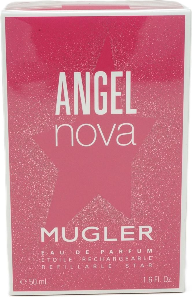 The image shows the front of a pink perfume box with white text.