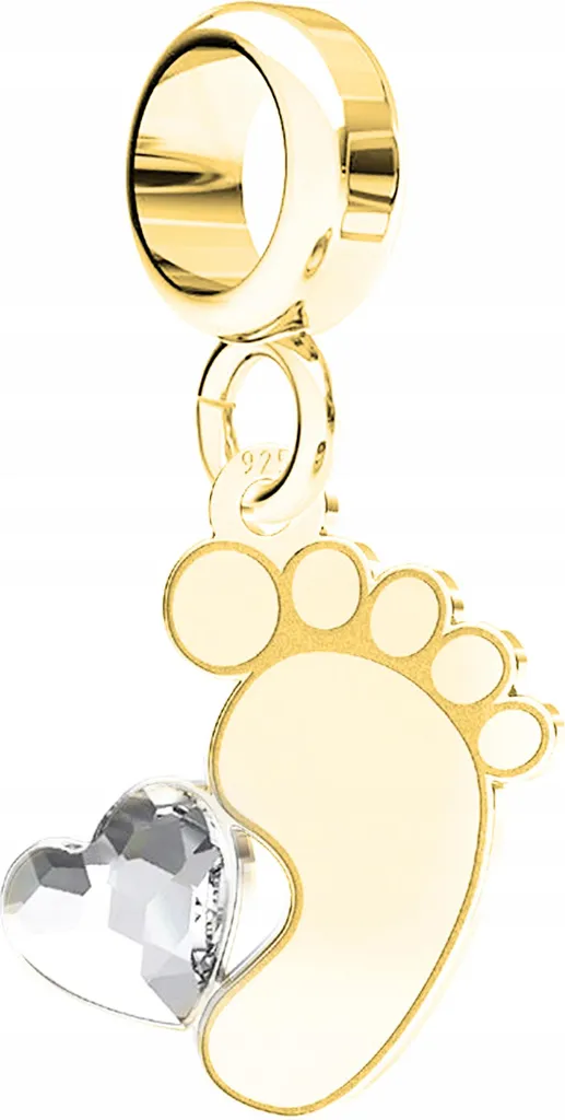 Ciondolo d'oro con base di cristallo, piede di bambino, zirconi, argento 925