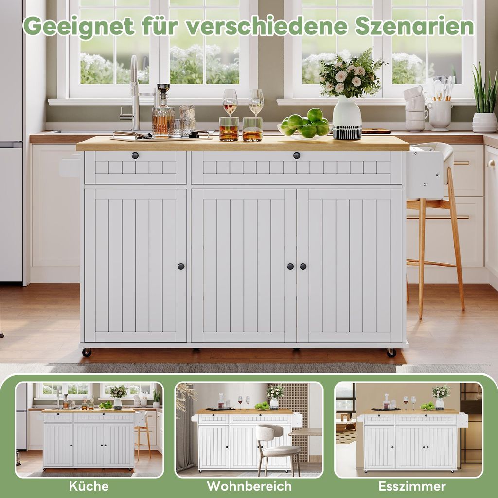 Kücheninsel Mit Klappbarer Platte & Rollen – Mobiler Servierwagen Mit Schubladen Und Massivholzfüßen