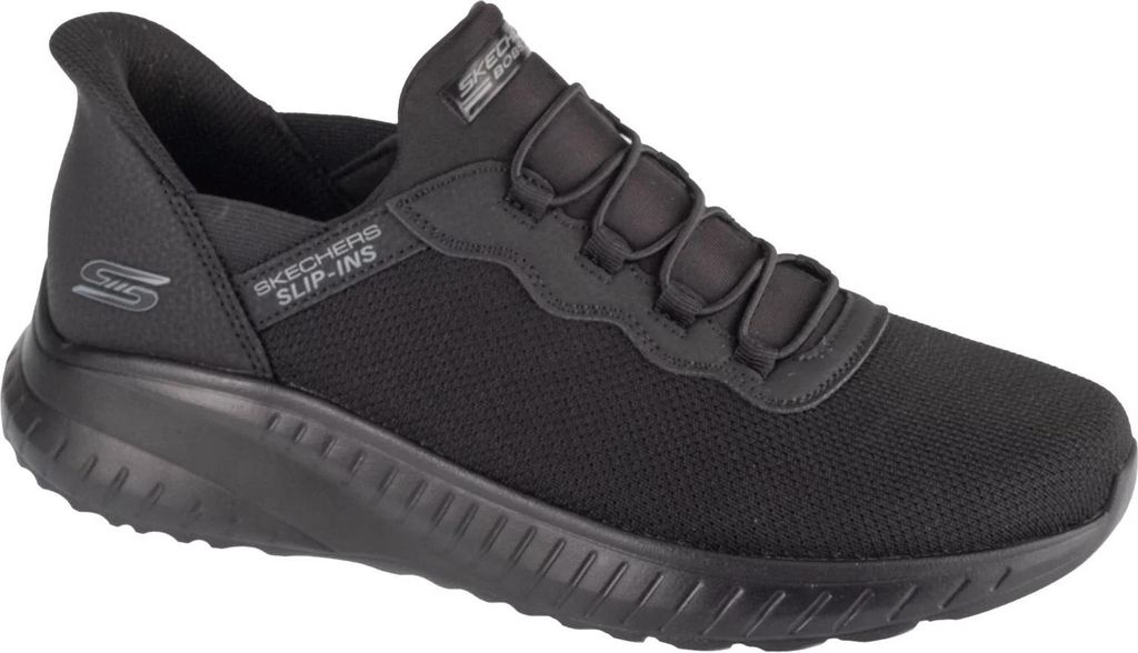 A black Skechers slip-on shoe is shown from the side against a white background.