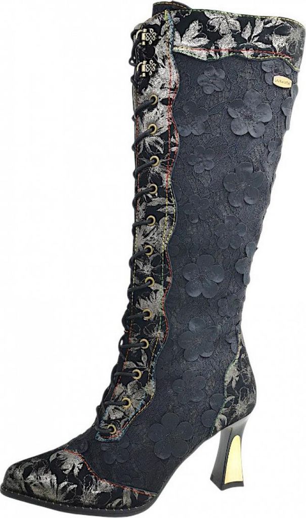 Laura Vita Damen Stiefel Muster Blumen Reptil spitz Nieten Oanelo 02, Größe:39 EU, Farbe:Schwarz