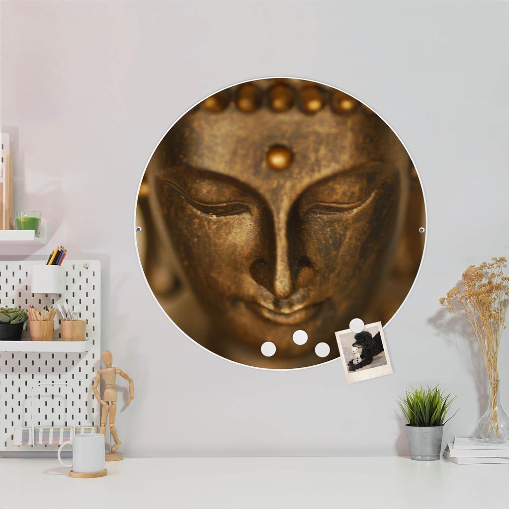 Design Stahlmagnettafel Weiß Rund 47cm Buddha Gold