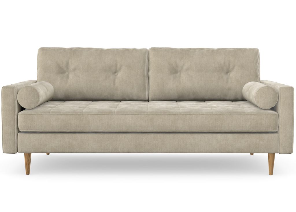 Esme II 3-Sitzer-Sofa, Massivholzkonstruktion, skandinavischer Stil, gestepptes Sitzkissen, Hohe Beine aus Eichenholz, gewachst, Chenille-Stoff Bos...
