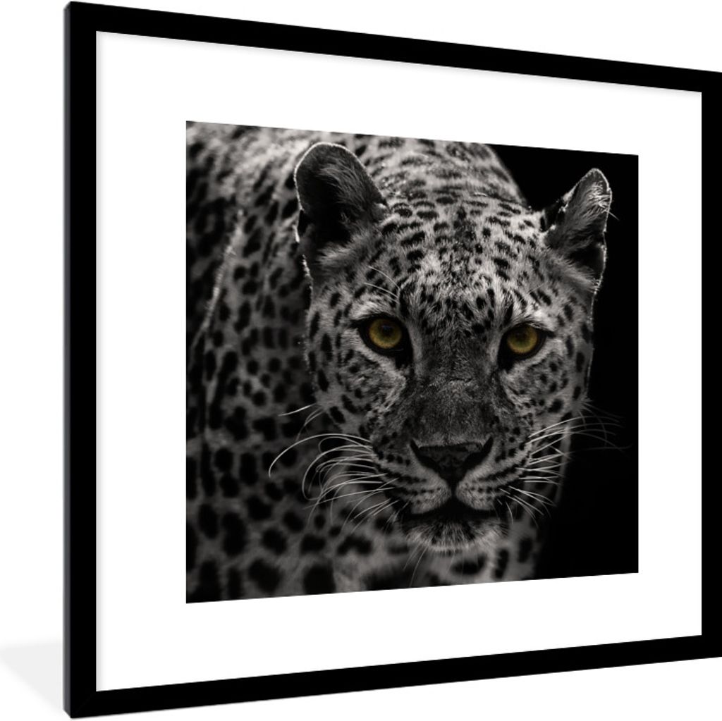 MuchoWow Gerahmtes Poster Leopard - Schwarz - Weiß 40x40 cm - Poster mit Schwarzem Bilderrahmen Wandposter Rahmen Foto Bilder - Poster - Plakat ...