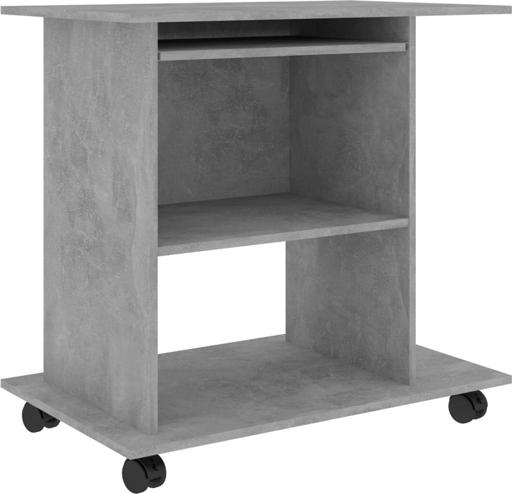 A grey wooden desk with shelves and wheels.