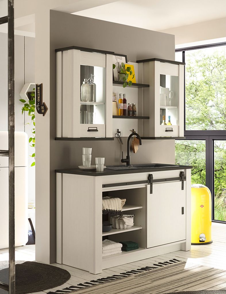 Küchen Set inkl. Spültisch, Hängeschränke und Wandregal SHELTON-61 in Pinie weiß Nb. mit anthrazit