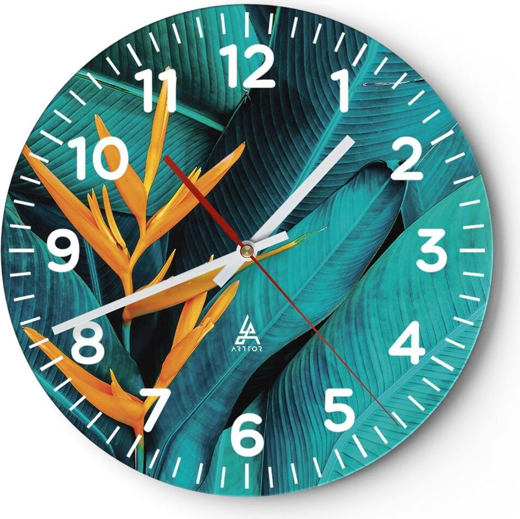 Wanduhr - Rund - Glasuhr - Blumen Tropen Blätter - 30x30cm - Schleichendes Uhrwerk - Lautlos - zum Aufhängen bereit - Dekoration Modern - Wanddek...