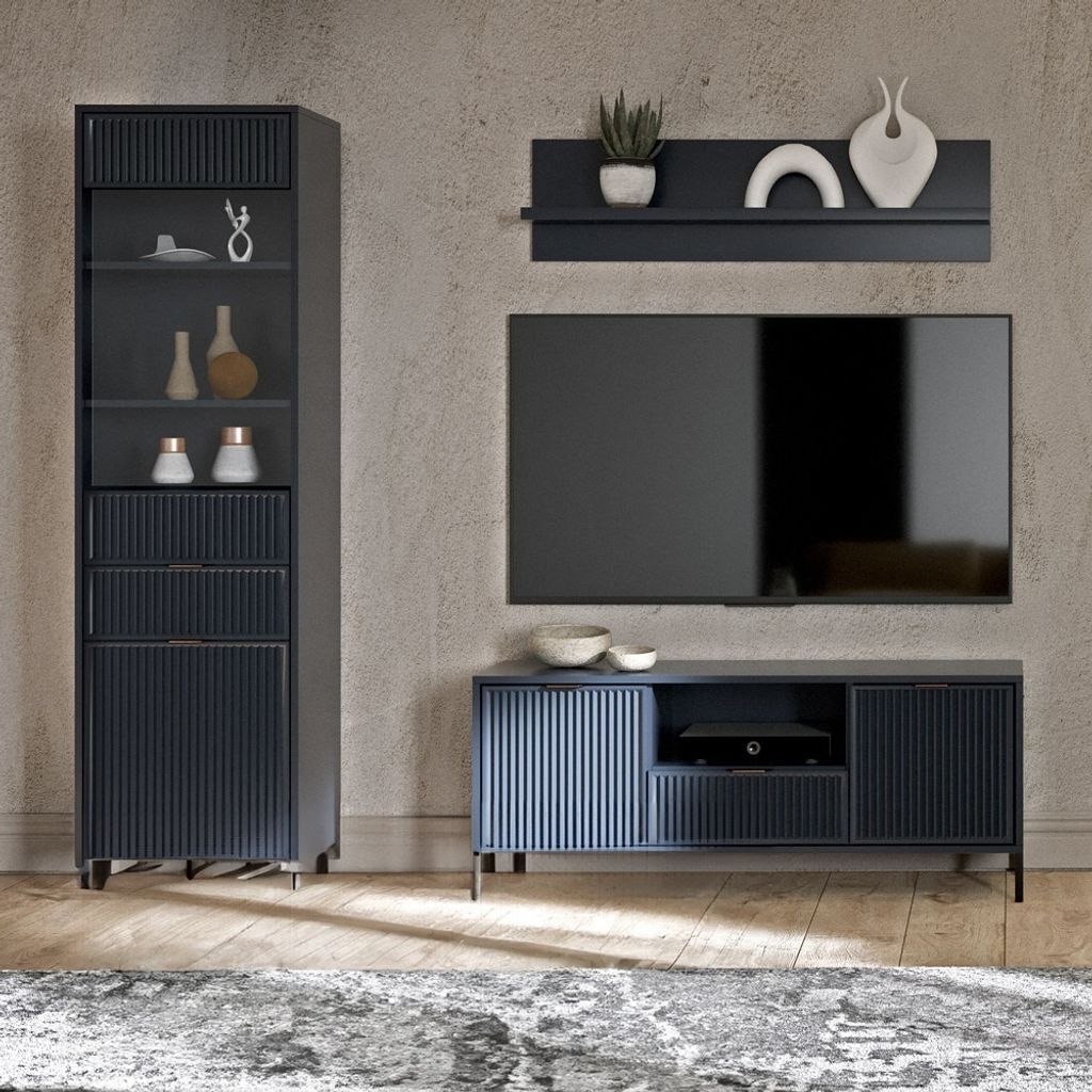 Wohnwand Indigo blau LAURO-161 modern mit Rillenoptik 3-teilig