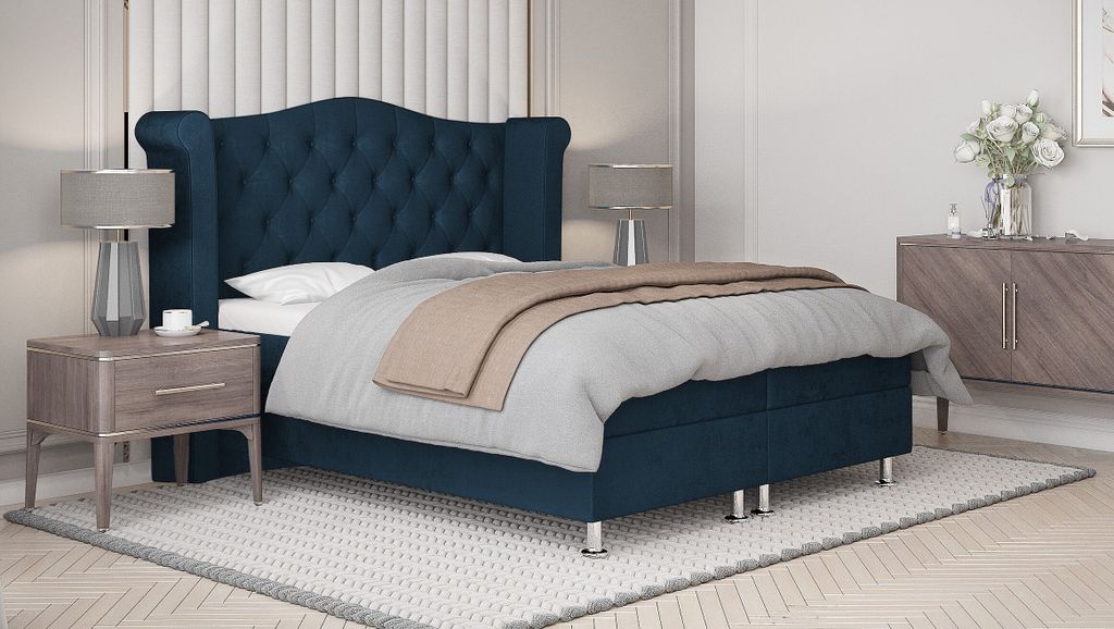 SALES LEADER Boxspringbett RIO 140x200 cm Polsterbett mit zwei Bettkästen, Komplett-Set mit Matratze und Topper (4cm), Dunkelblau, Bett Stoff ELEM...