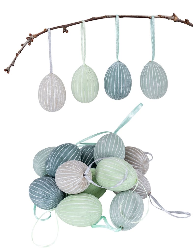 12 Stück Deko Eier Hängedeko Grau Grün Beige Gestreift Ostereier zum Aufhängen Osterdeko Ostern Dekoration