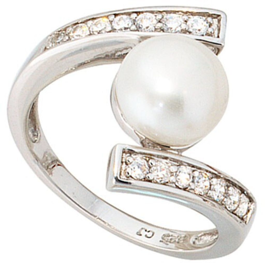 Ring Damenring mit Süßwasser Zuchtperle & Zirkonia 925 Silber Perlenring Innenumfang 52mm Ø16.6mm