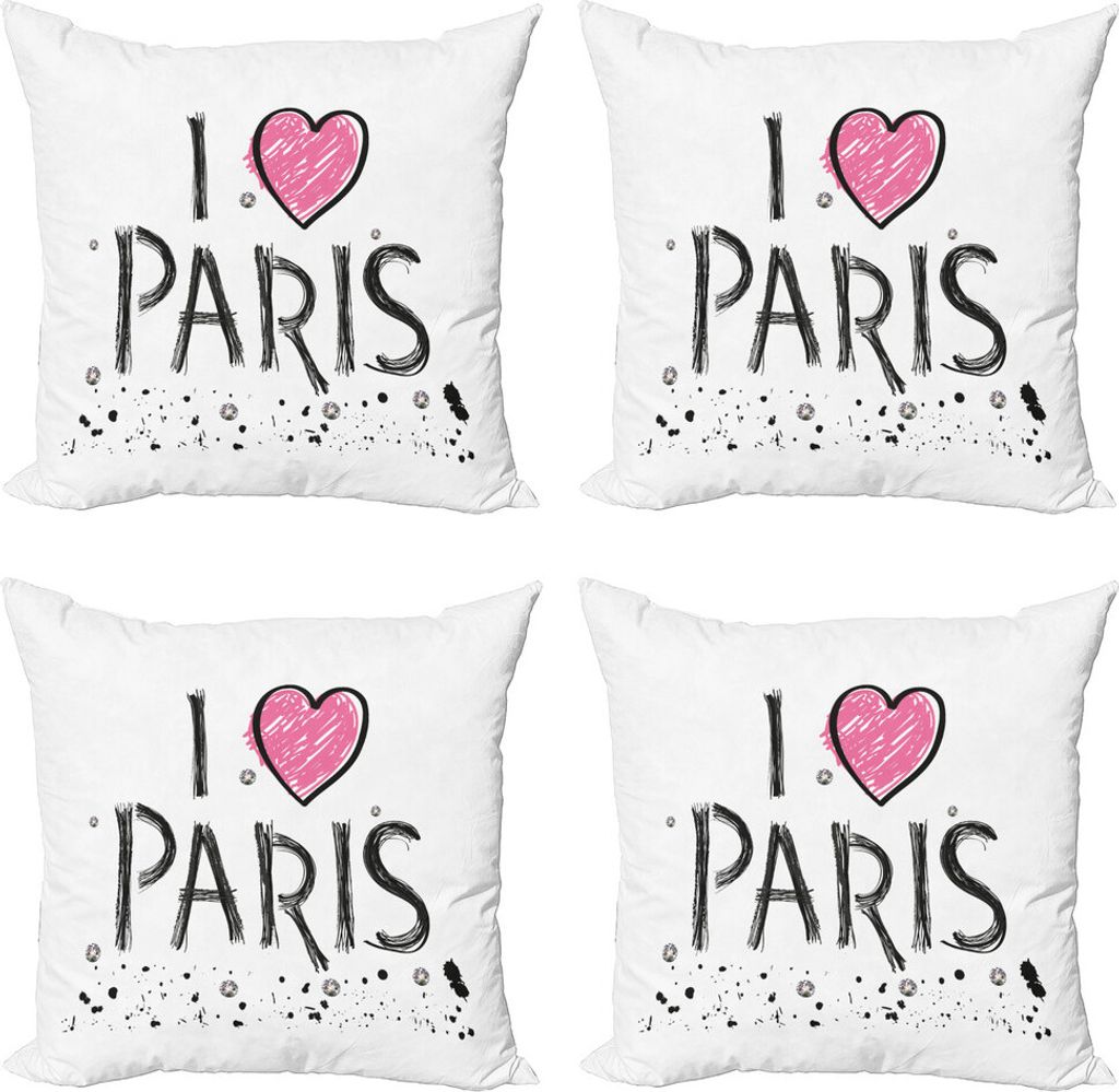 ABAKUHAUS Eiffelturm Kissenbezug Set (4 Stück), I Love Paris Wording, Moderner Doppelseitiger Digitaldruck, 45 cm x 45 cm, Rosa Koksgraue