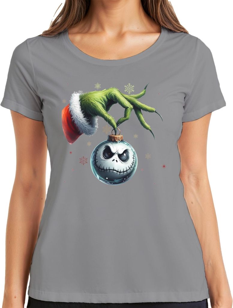 Grinch Hand Jack Skellington Weihnachtskugel düster Retro Damen T-Shirt, Grau, M