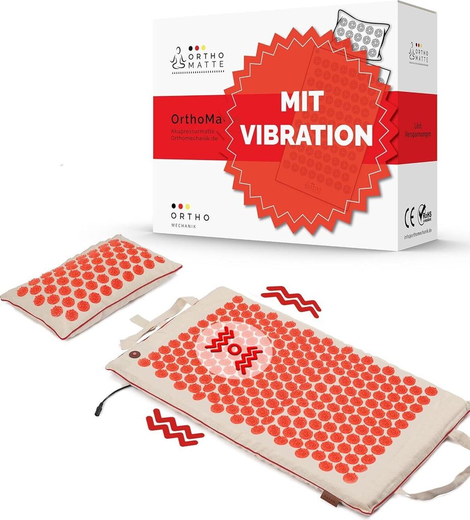 Ortho Mechanik Massagematte Akkupressur-Matte mit Vibrationsfunktion , Entspannung für Rücken, Nacken, Füße inkl. Massagekissen