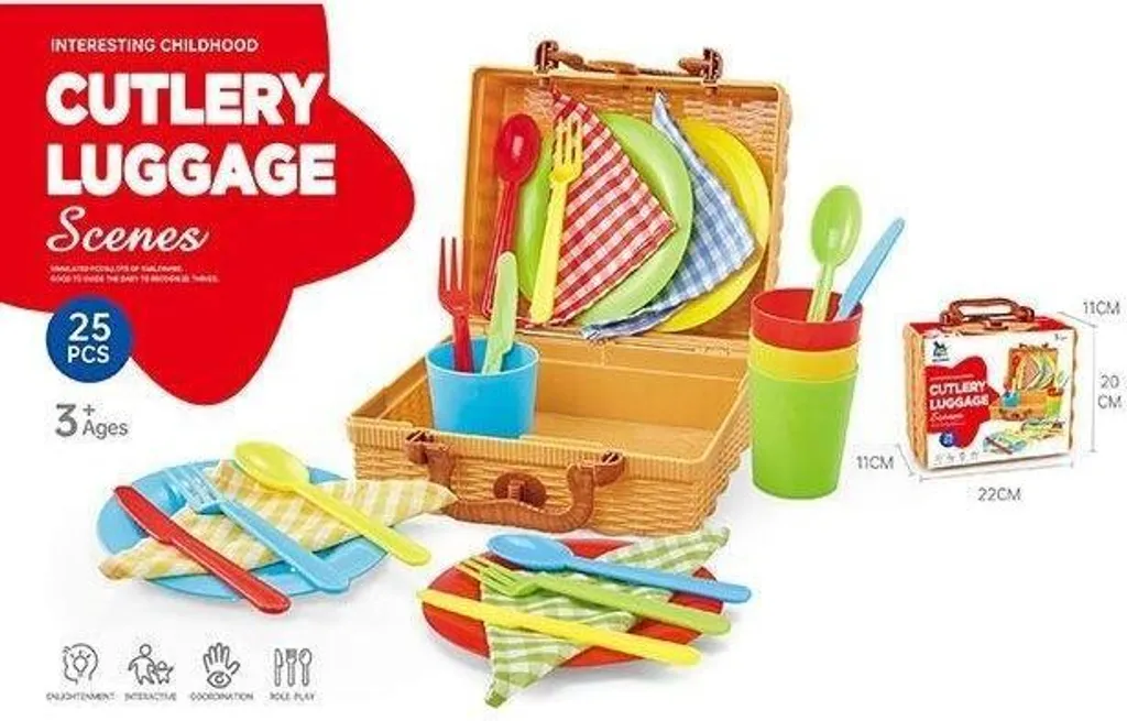 Service pique-nique 25el dans panier osier - Vaisselle légère et durable