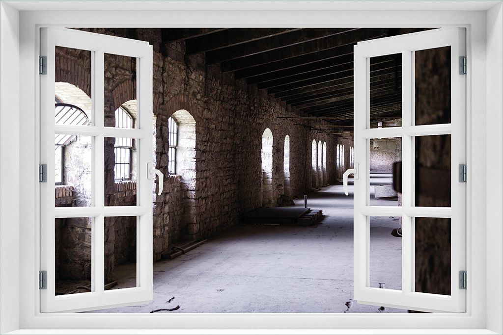 Wallario Wandbild aus Acryl, 60 x 90 cm, freischwebende Optik - Altes Bauwerk - stillgelegte Fabrik mit Fenster-Illusion