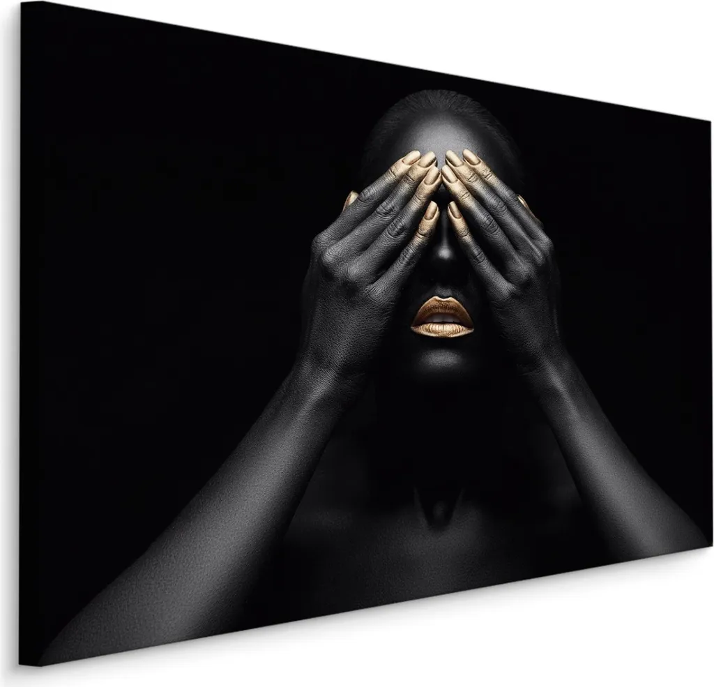 Quadri su tela CANVAS XXL Stampa d'arte Astratta Donna Ritratto Make-Up dorato L 120 cm x H 80 cm