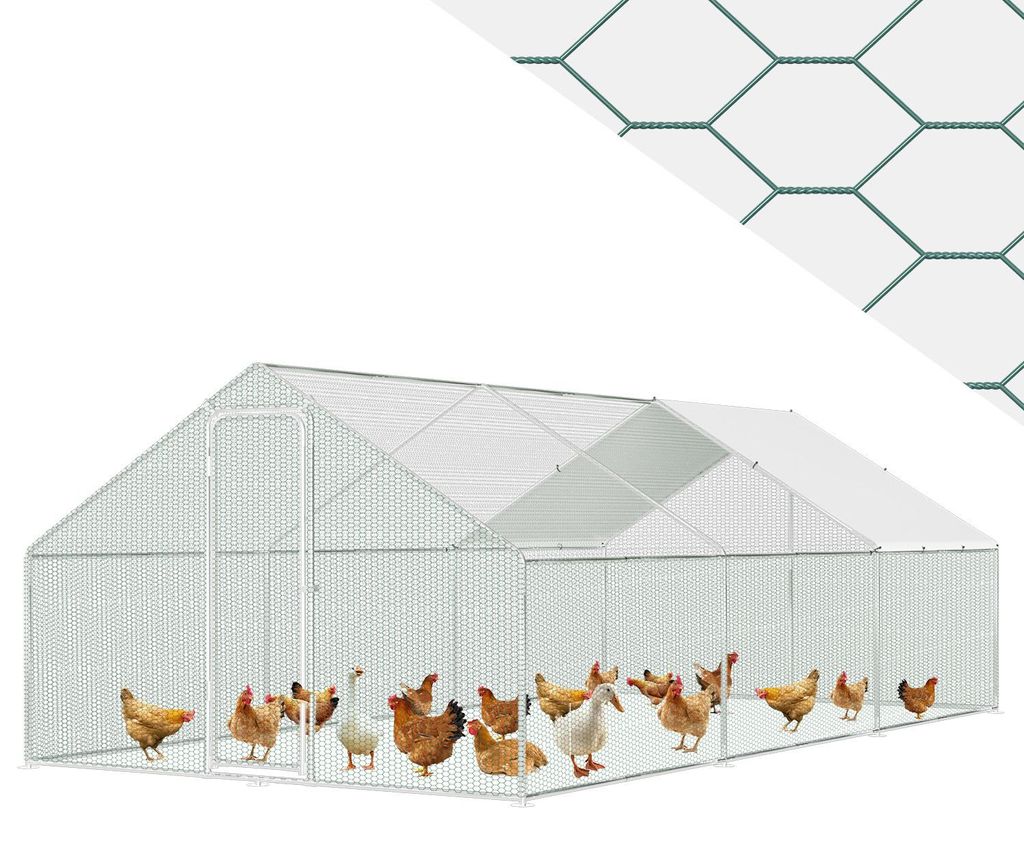 Faziango Hühnerstall 3x8x2 m mit Dach, Metall Freilaufgehege verzinkt