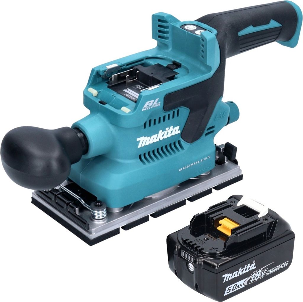 Makita DBO 380 T1 Akku Schwingschleifer 18 V 93 x 185 mm Brushless + 1x Akku 5,0 Ah - ohne Ladegerät