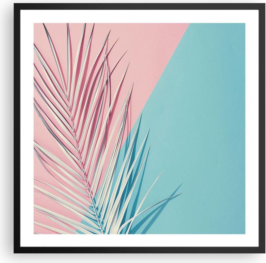 Gerahmtes Poster - Schwarzer Rahmen - Blatt Rosa Türkis - 60x60 cm - Wand Bild - Wanddeko - Wandbilder - Kunstposter - Wandposter - Bilderrahmen -...