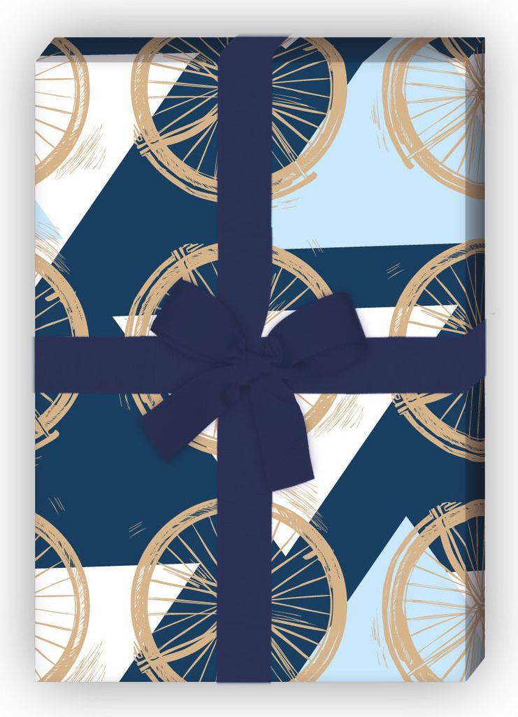 Grafisches blaues Geschenkpapier Set mit Dreiecken und Rädern - G12285, 32 x 48cm