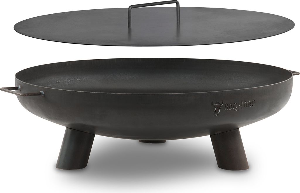 A black metal fire pit with a lid, shown on a white background.
