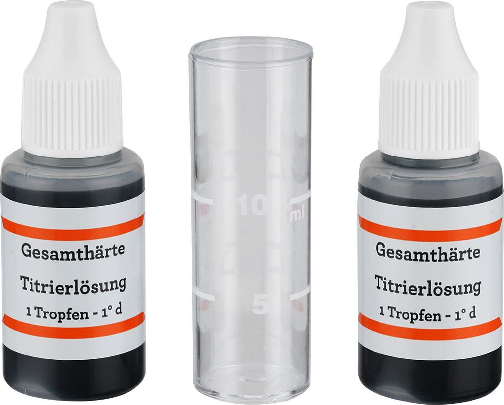 Two bottles of titration solution and a measuring cylinder are arranged on a white background.