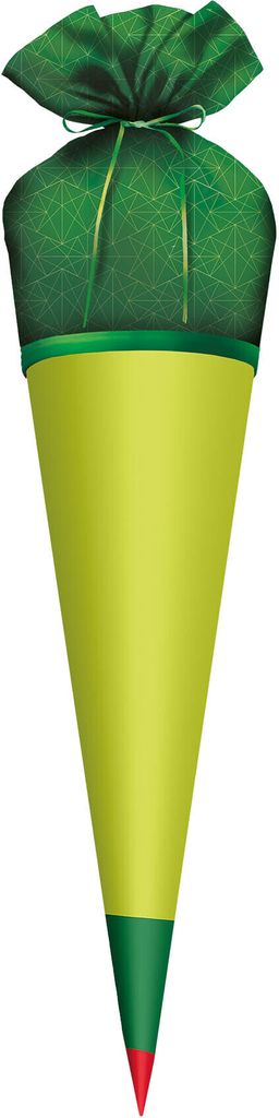 A school cone with a green fabric top and a yellow cone body.