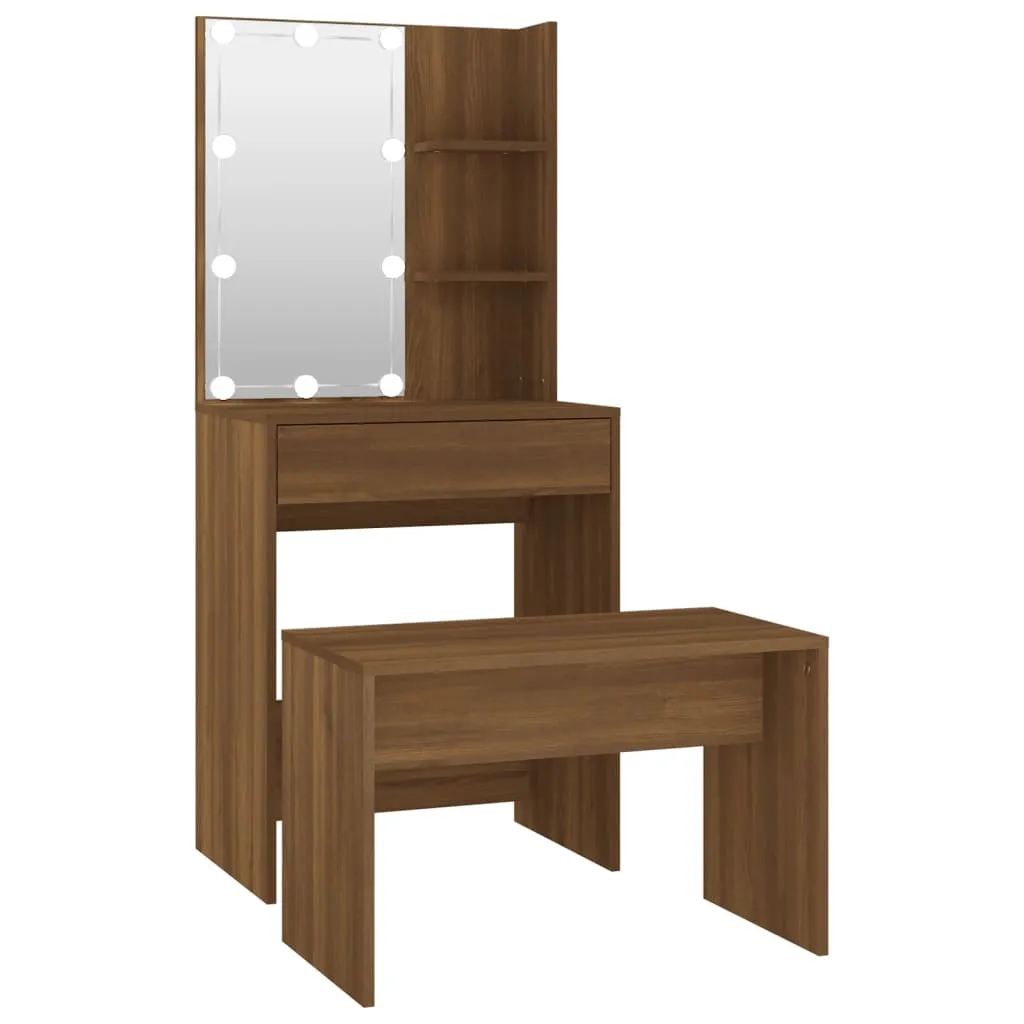 Set da Toeletta Rovere Marrone con LED - Tavolo Trucco Effetto Legno