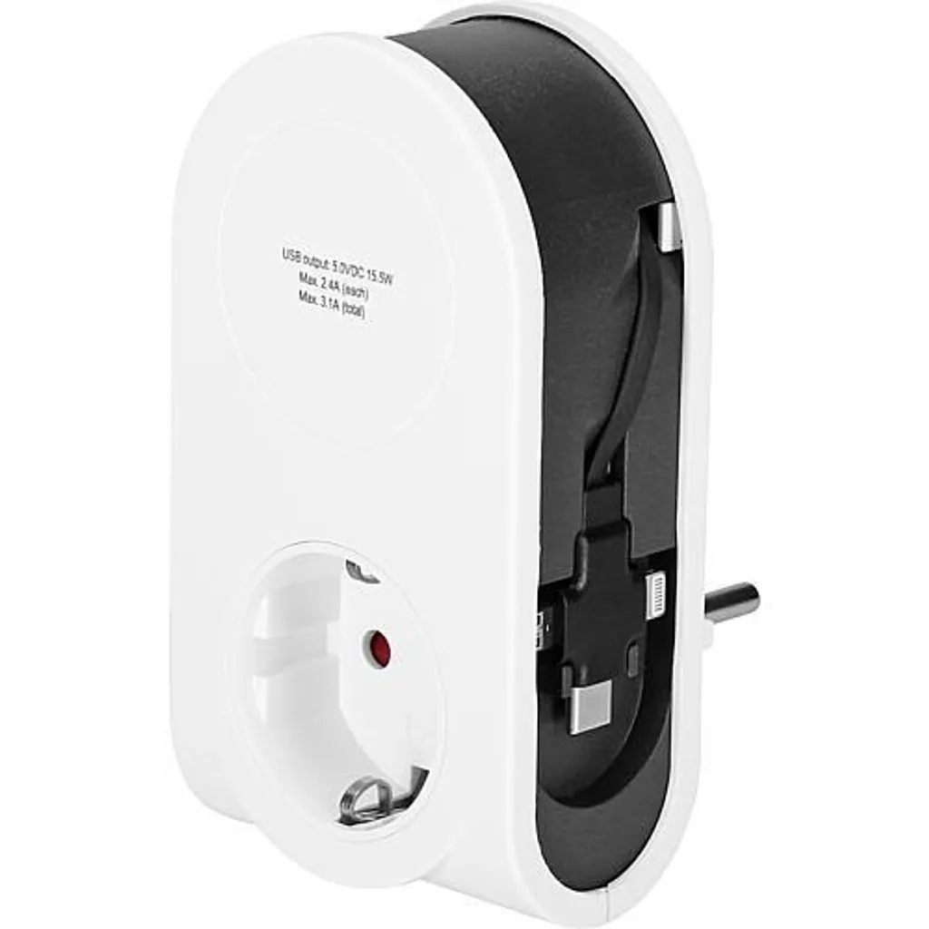 Prise secteur avec chargeur USB multi-connecteurs 3en1 câble flexible