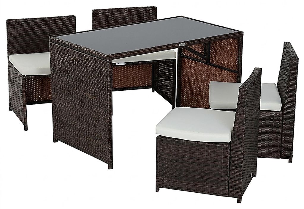 5-teiliges Polyrattan Gartenmöbel-Set für 4 Personen, wetterfest, Tisch mit Sicherheitsglas, 4 Hocker mit Stauraum und Innenfutter, Aluminiumrahm...