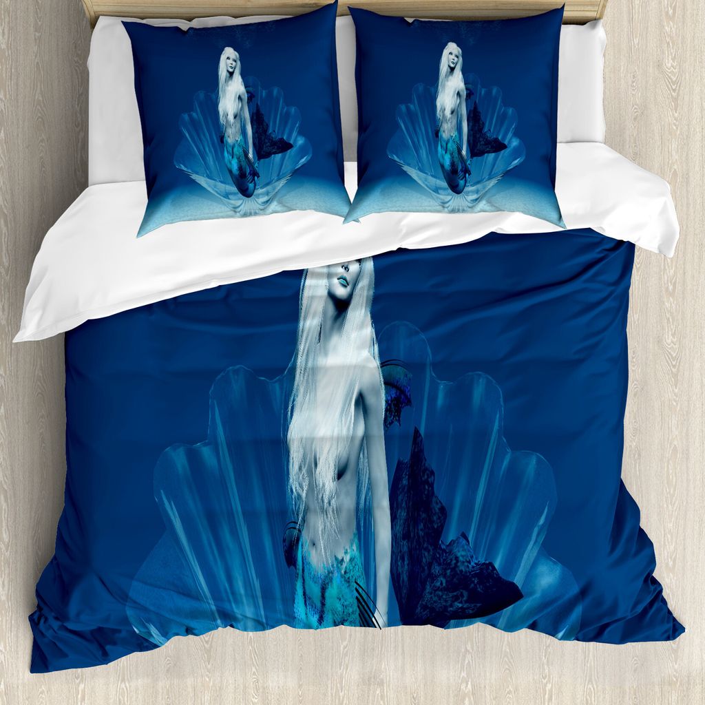 ABAKUHAUS Meerjungfrau Bettbezug, Fairy Tail Mermaid, Milbensicher Allergiker geeignet mit Kissenbezügen, 200 cm x 200 cm - 80 x 80 cm, Blau und w...