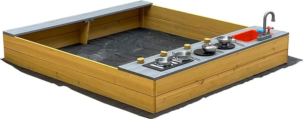 Aire de jeux bac à sable en bois naturel avec coin cuisine enfantine