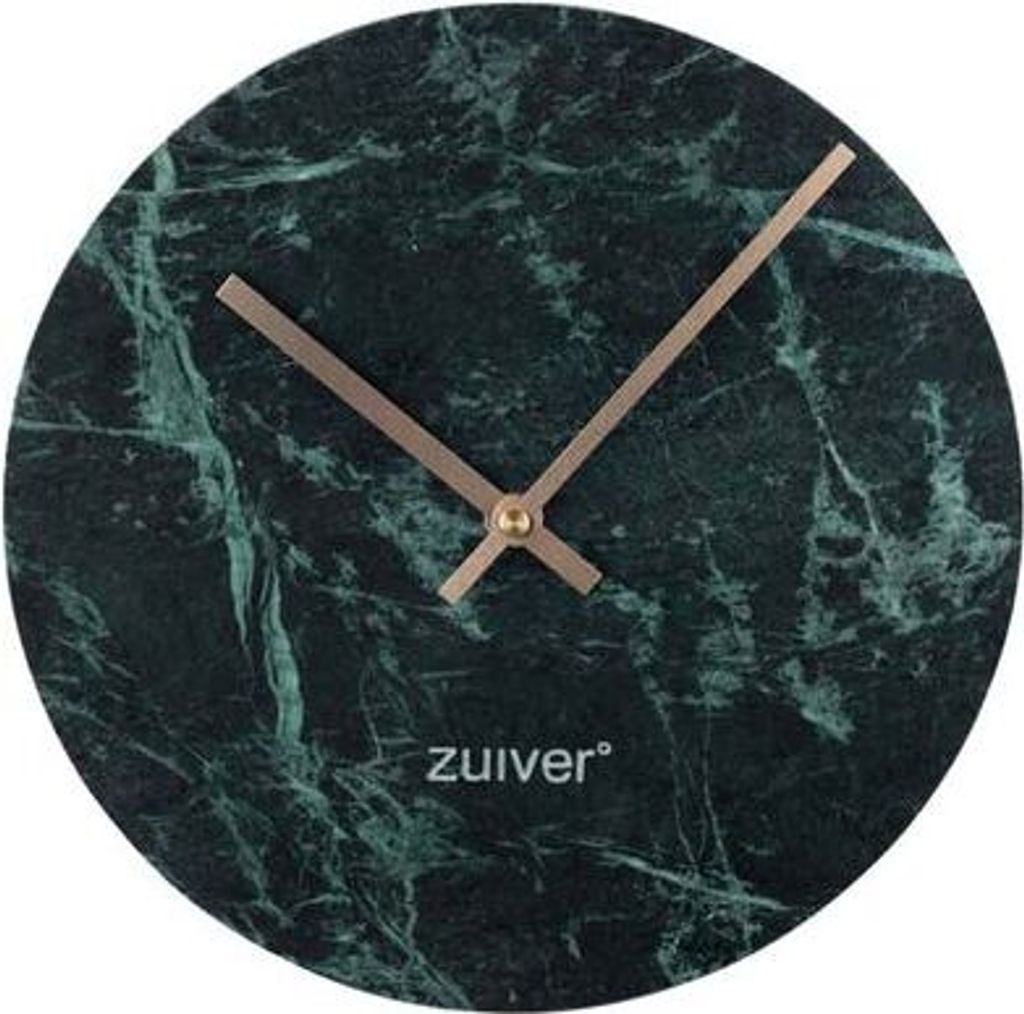 A round marble clock with gold hands and the brand name 'zuiver' printed on it.
