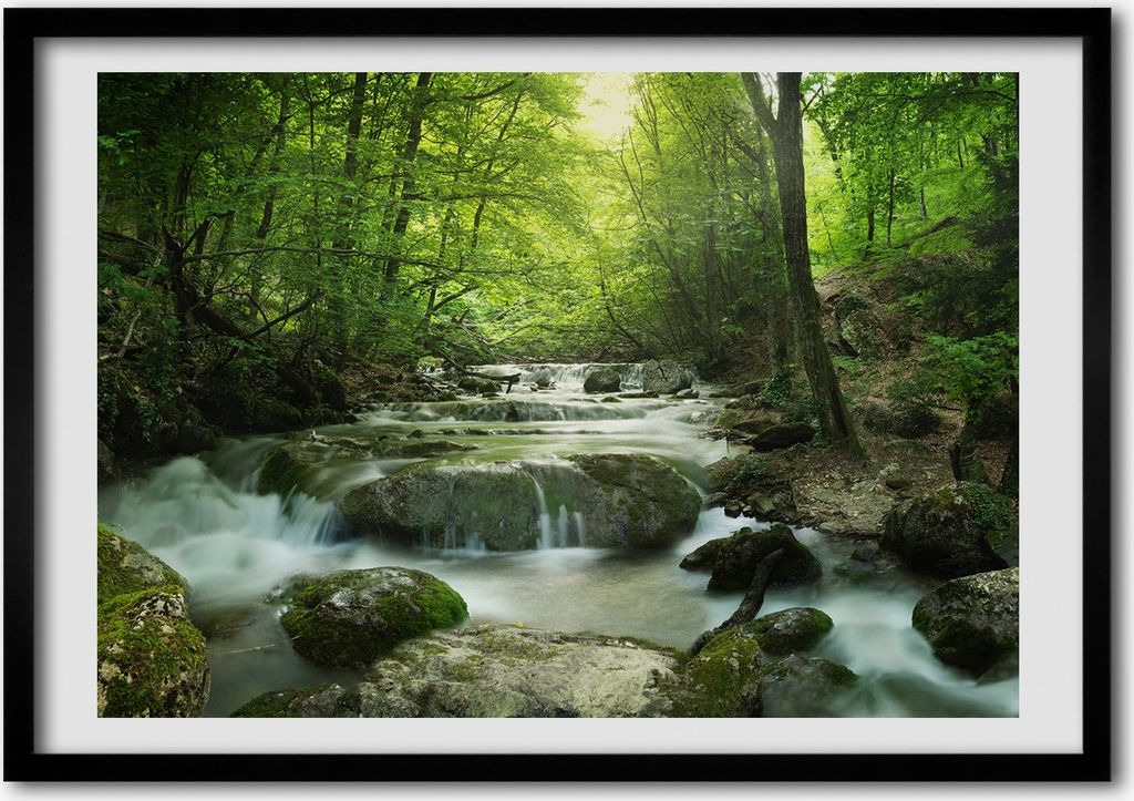 Bild - Bilder - Bilderrahmen - 70 cm x 50 cm - MDF-Rahmen, Wandkunst Wasserfall im Wald