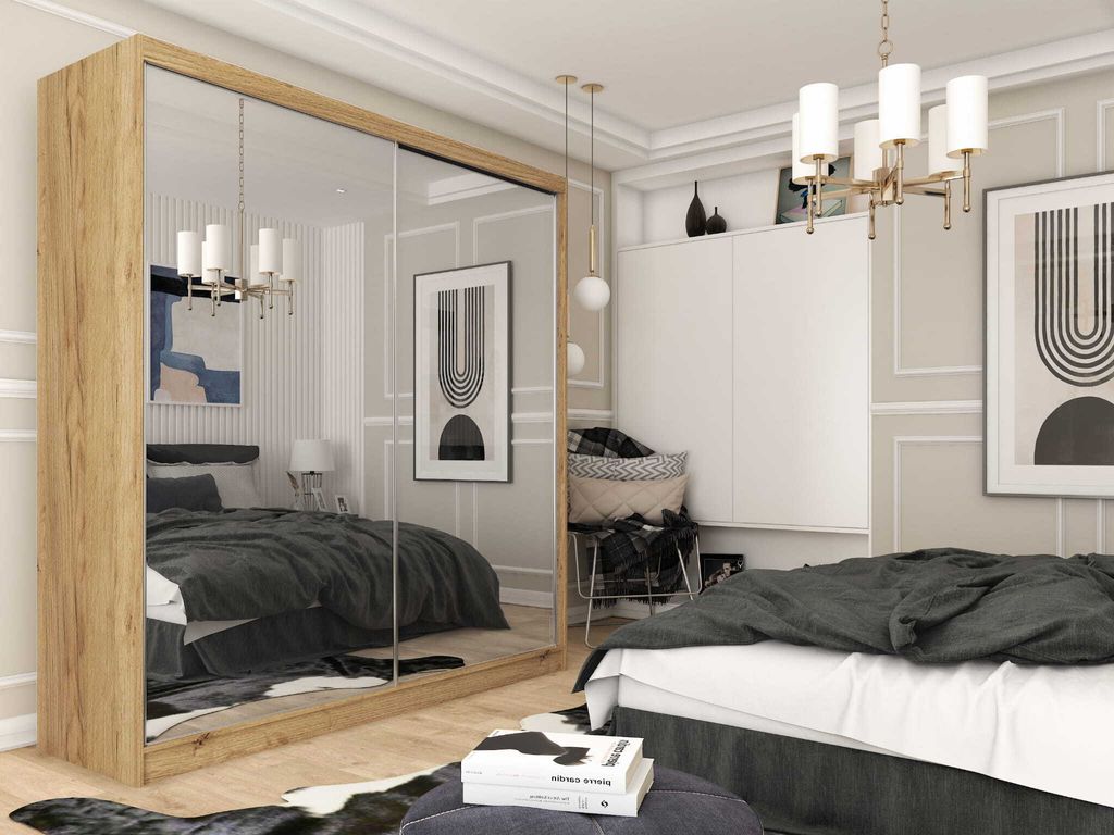 AGMAT Schwebetürenschrank Bora, Kleiderschrank mit 2 Türen, Moderne Garderobe in Farbe: Craft, Schrank in Größe: 200 x 216 x 61 cm