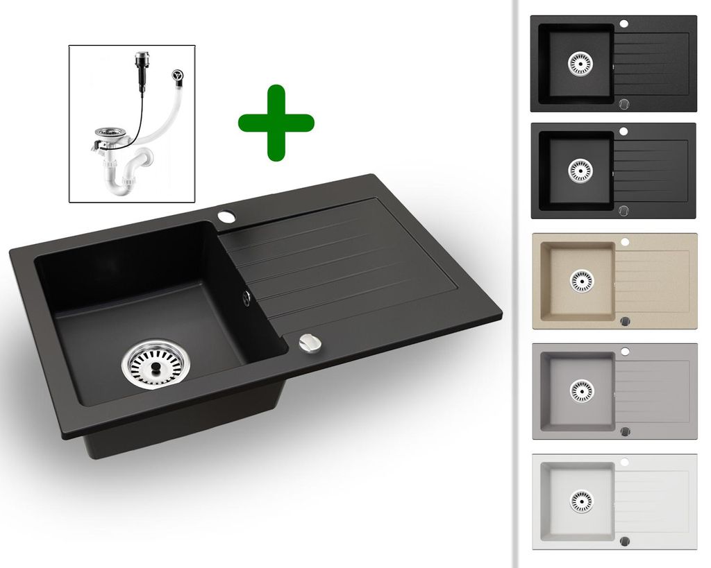 [Granitspüle 76x44 Schwarz]Hochwertig beidseitig Montierbar Produktbild 