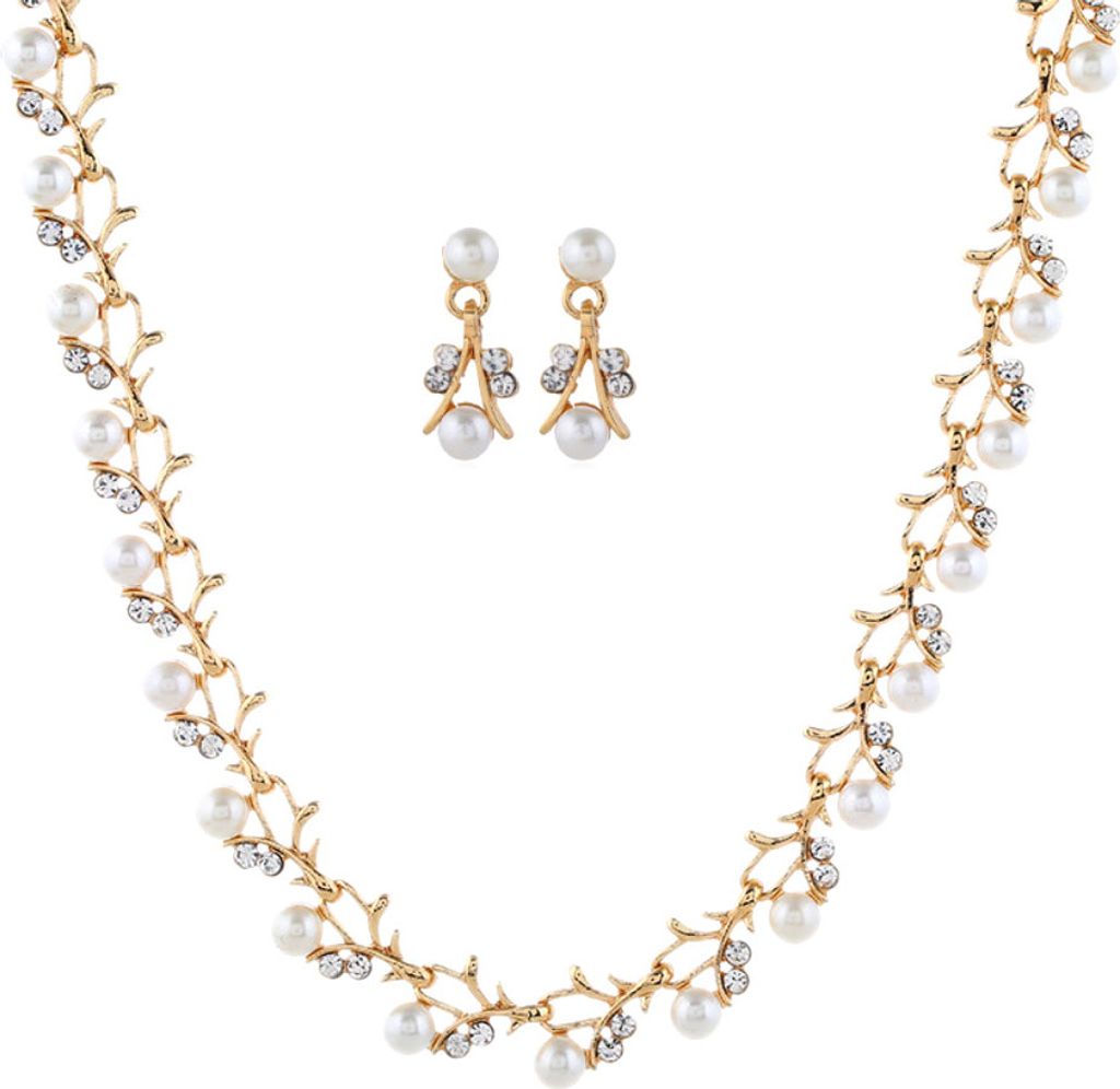 Elegante Kunstperlen-Strass-Halskette, Ohrringe, Armband, Brautschmuck, Geschenk-Halskette + Ohrringe