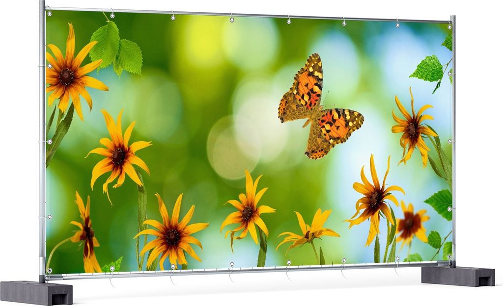 Wallario XXL Outdoor-Poster für Garten oder Balkon, Motiv Blumen mit Schmetterling, in ca. 340 x 173 cm