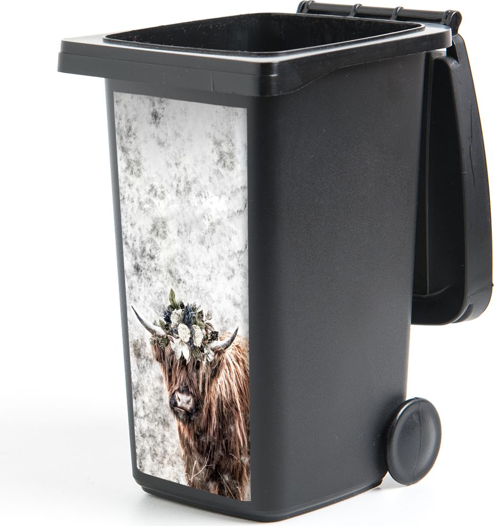 MuchoWow Mülltonnenaufkleber Schottischer Highlander - Marmor - Blumen 38x80 cm - Behälteraufkleber - Mülleimer-Aufkleber - Container-Aufkleber