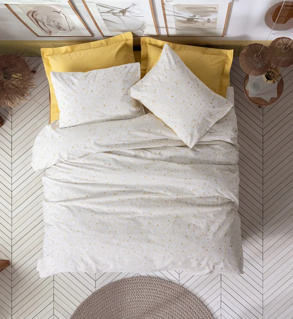 Housse de Couette 100% Coton Ranforce 200x200 - Douceur Tiny Mustard