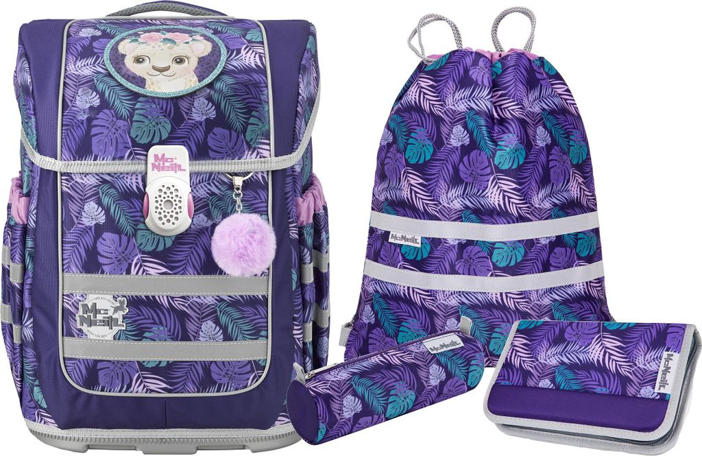 McNeill Schulranzen Ergo Compacto Schoolbag Set 5-teilig Dschungel violett