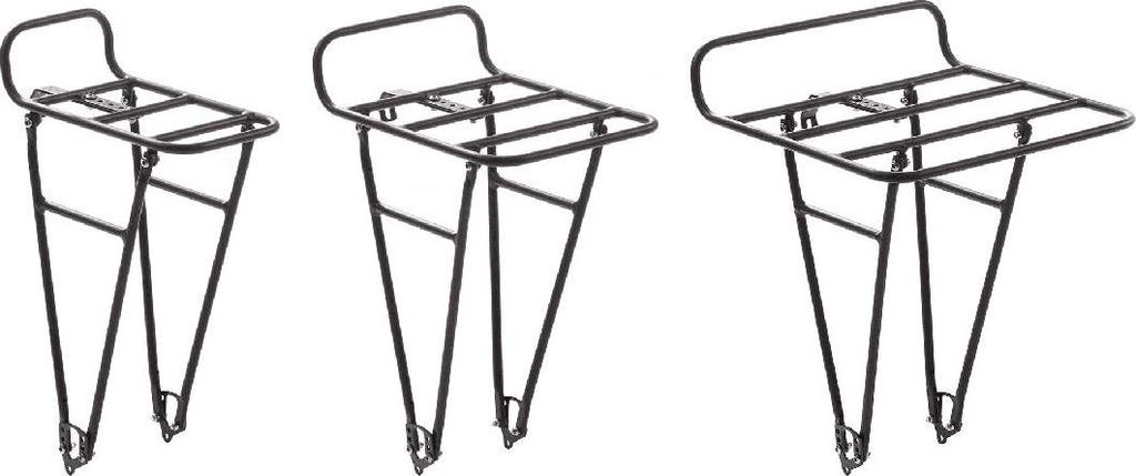 Three black bicycle front racks of varying sizes are displayed against a white background.